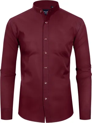 Alimens & Gentle Men's Banded Collar Dress Shirts Wrinkle Free Long Sleeve Mandarin Collar Button Down Shirt