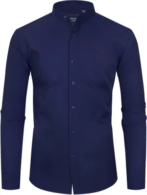 Alimens & Gentle Men's Banded Collar Dress Shirts Wrinkle Free Long Sleeve Mandarin Collar Button Down Shirt