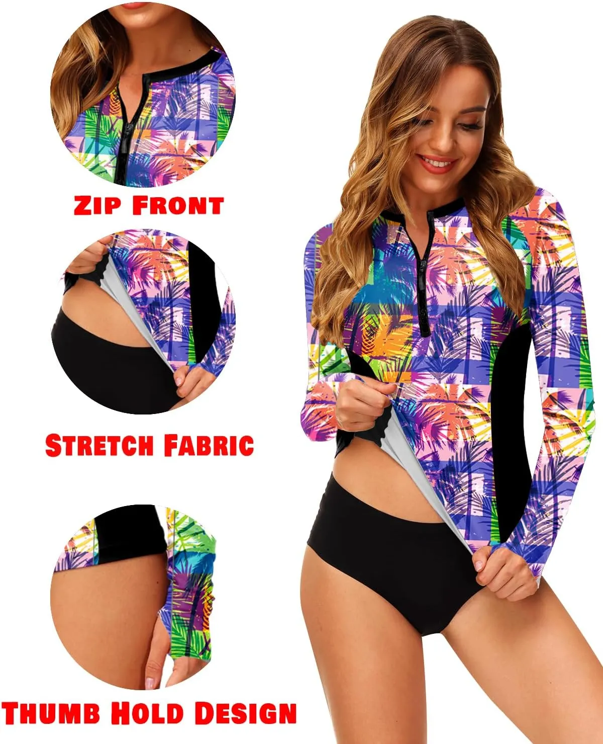 AOBUTE Women Zip Rash Guard UPF 50  Surf Swim Shirts with Thumb Hole