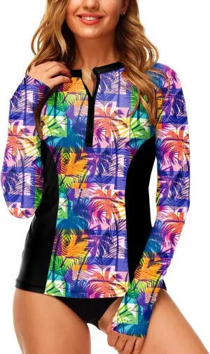 AOBUTE Women Zip Rash Guard UPF 50  Surf Swim Shirts with Thumb Hole