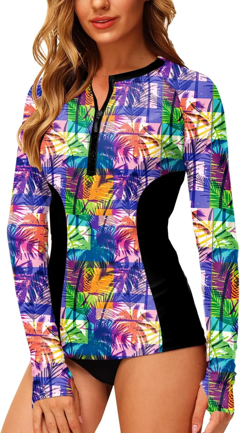AOBUTE Women Zip Rash Guard UPF 50  Surf Swim Shirts with Thumb Hole