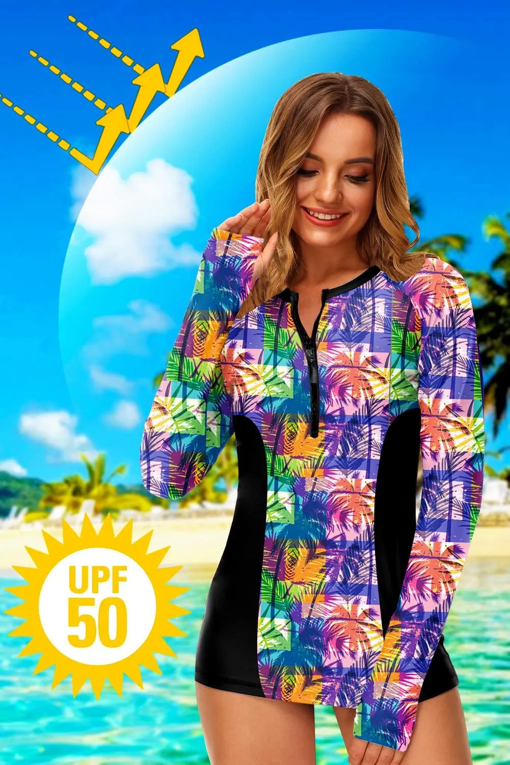 AOBUTE Women Zip Rash Guard UPF 50  Surf Swim Shirts with Thumb Hole