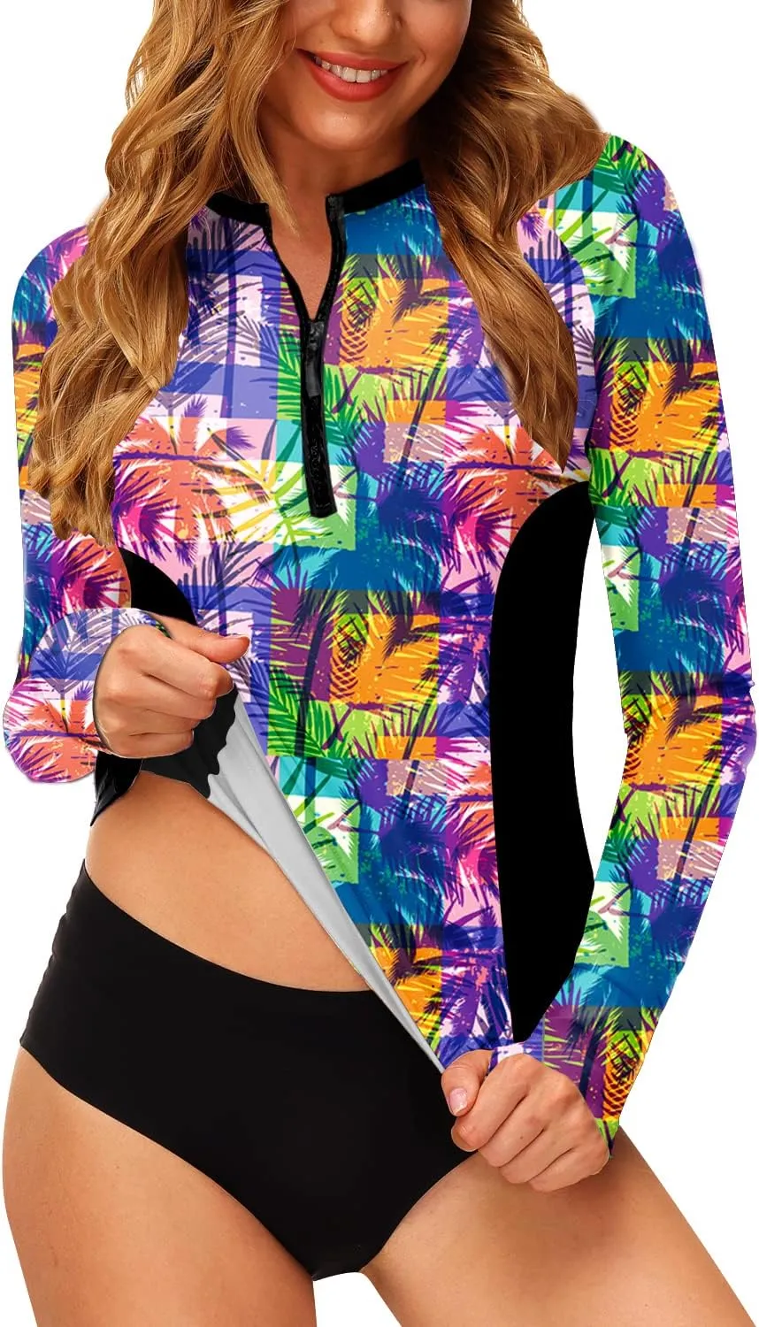 AOBUTE Women Zip Rash Guard UPF 50  Surf Swim Shirts with Thumb Hole