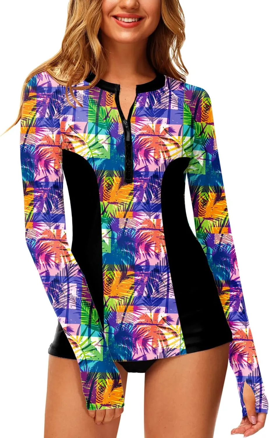 AOBUTE Women Zip Rash Guard UPF 50  Surf Swim Shirts with Thumb Hole