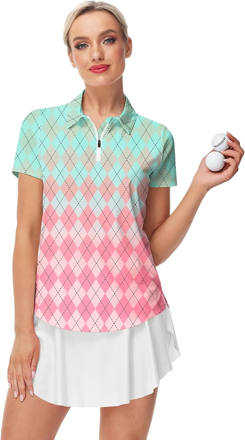 AOBUTE Women's Short Sleeve Golf Shirts Gradient 1/4 Zip Tennis Shirt