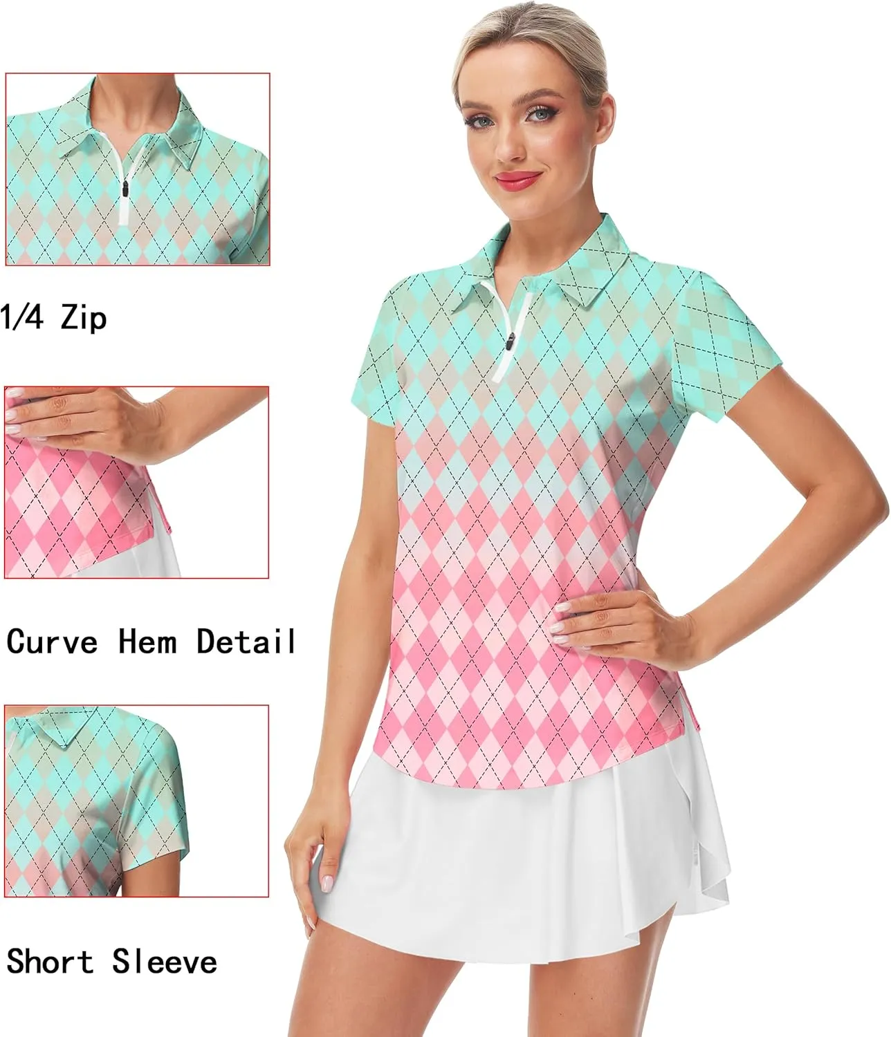 AOBUTE Women's Short Sleeve Golf Shirts Gradient 1/4 Zip Tennis Shirt