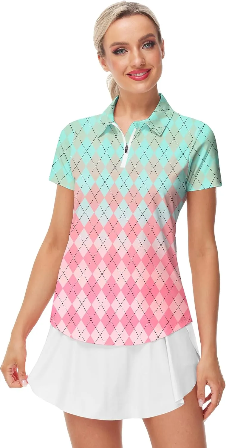 AOBUTE Women's Short Sleeve Golf Shirts Gradient 1/4 Zip Tennis Shirt