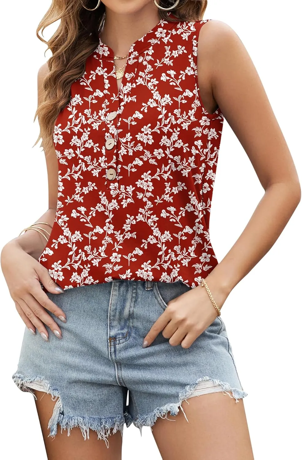 AUSELILY Women's 2025 Summer Slim Tank Tops Ladies V Neck Sleeveless Button Decoration Shirts