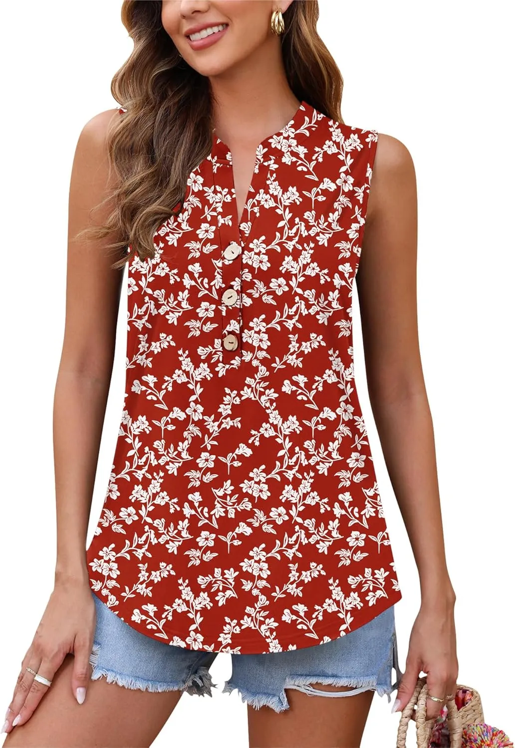 AUSELILY Women's 2025 Summer Slim Tank Tops Ladies V Neck Sleeveless Button Decoration Shirts