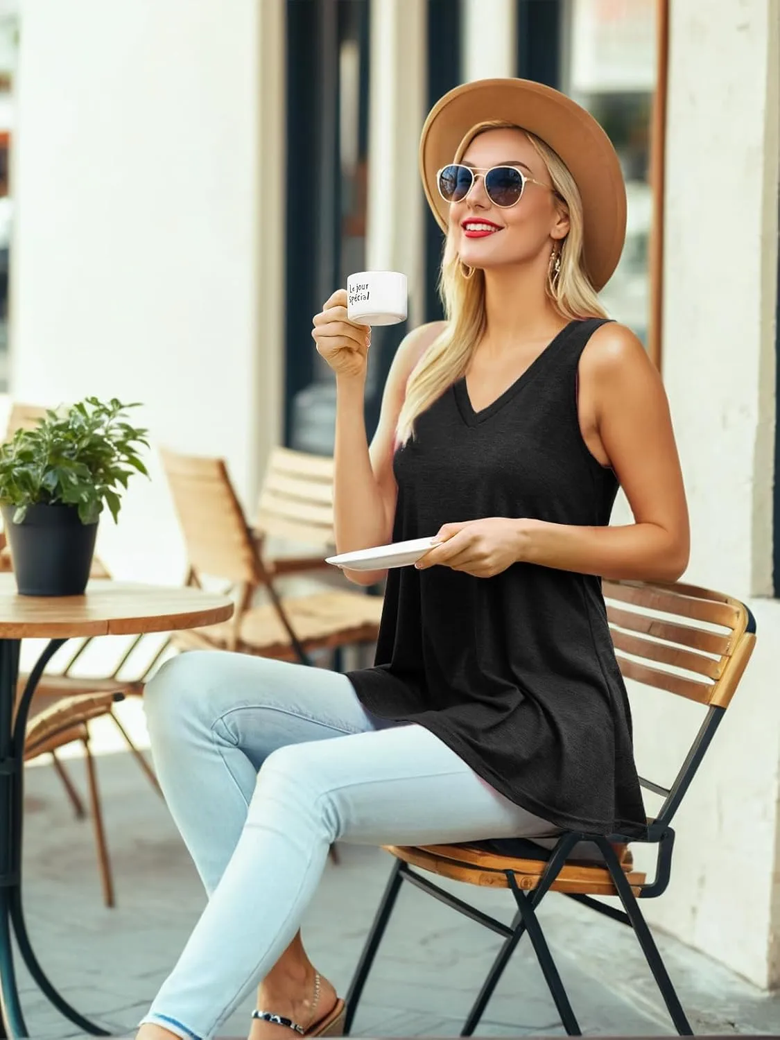 AWULIFFAN Women's Summer Sleeveless V-Neck T-Shirt Tunic Tops Blouse Shirts