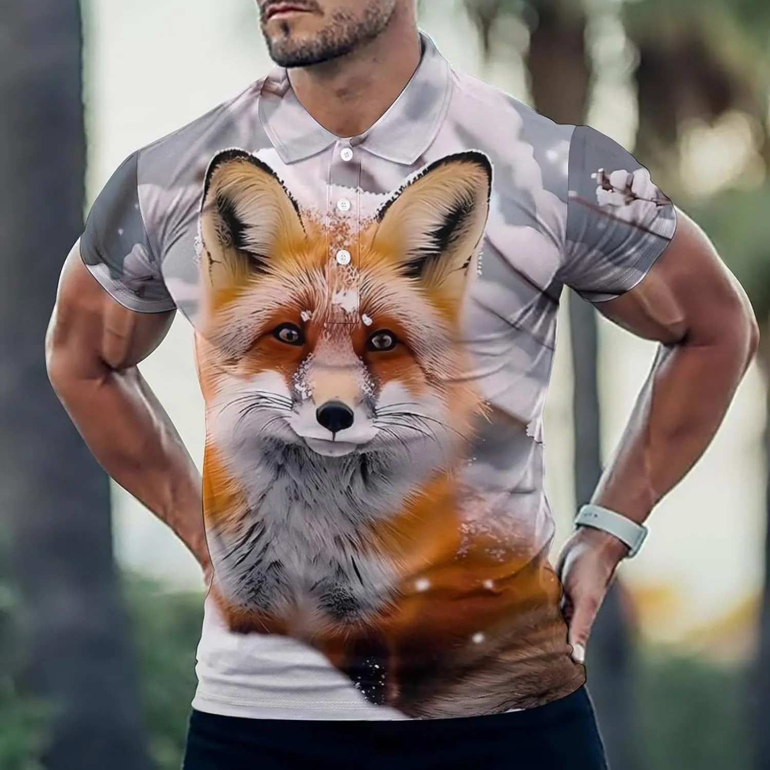 Beautiful Fox in Winter Mens Short Sleeve Polo Shirts Straight Sports Golf Tennis T-Shirt Quick Dry Long Top