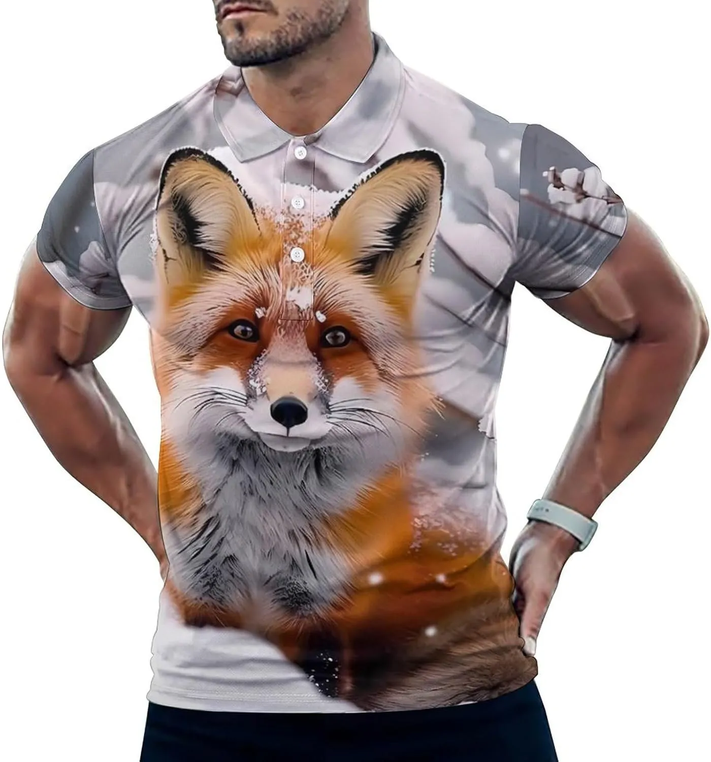 Beautiful Fox in Winter Mens Short Sleeve Polo Shirts Straight Sports Golf Tennis T-Shirt Quick Dry Long Top