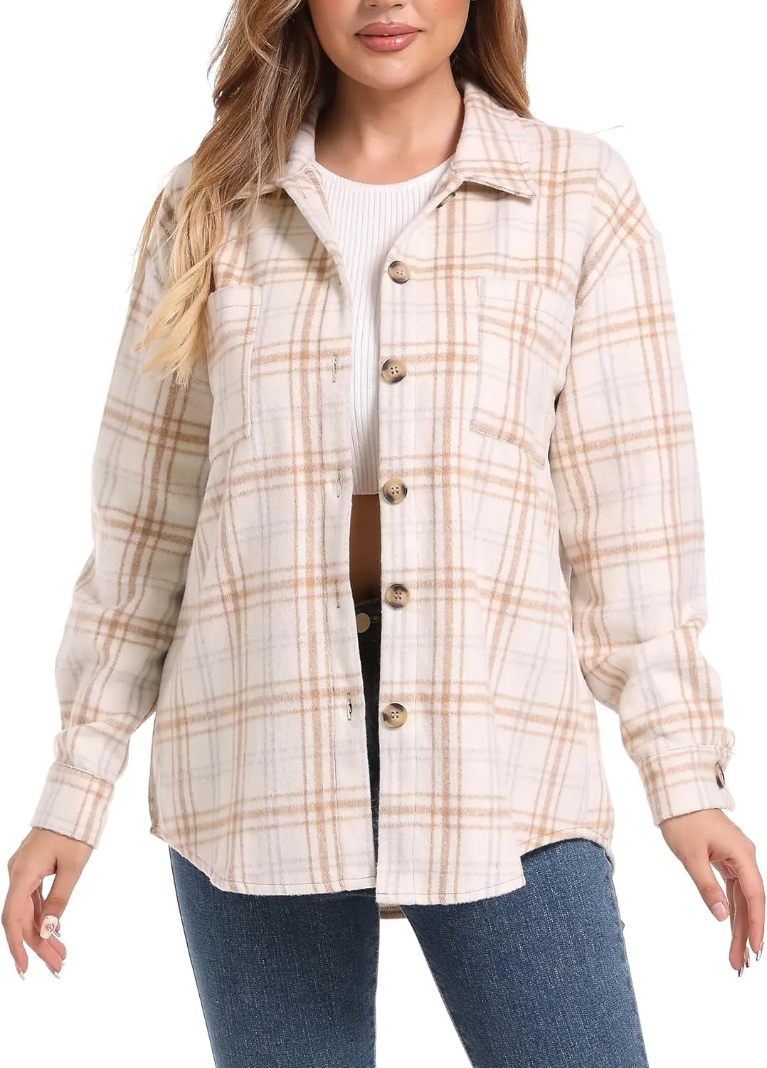 Blansdi Womens Flannel Shacket Plaid Long Sleeve Button Down Flannel Shirts Jacket Fall Winter Spring Outfits