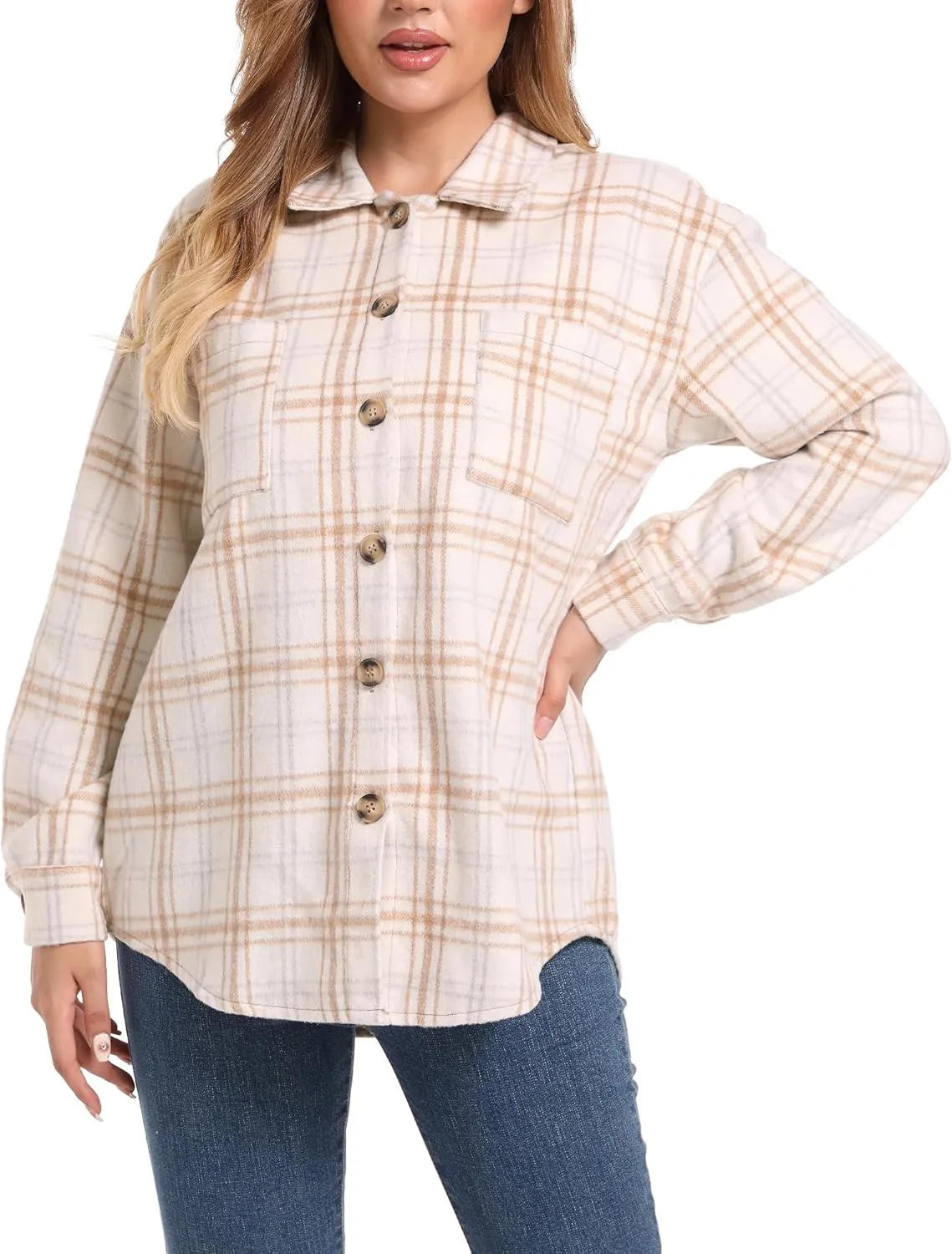 Blansdi Womens Flannel Shacket Plaid Long Sleeve Button Down Flannel Shirts Jacket Fall Winter Spring Outfits