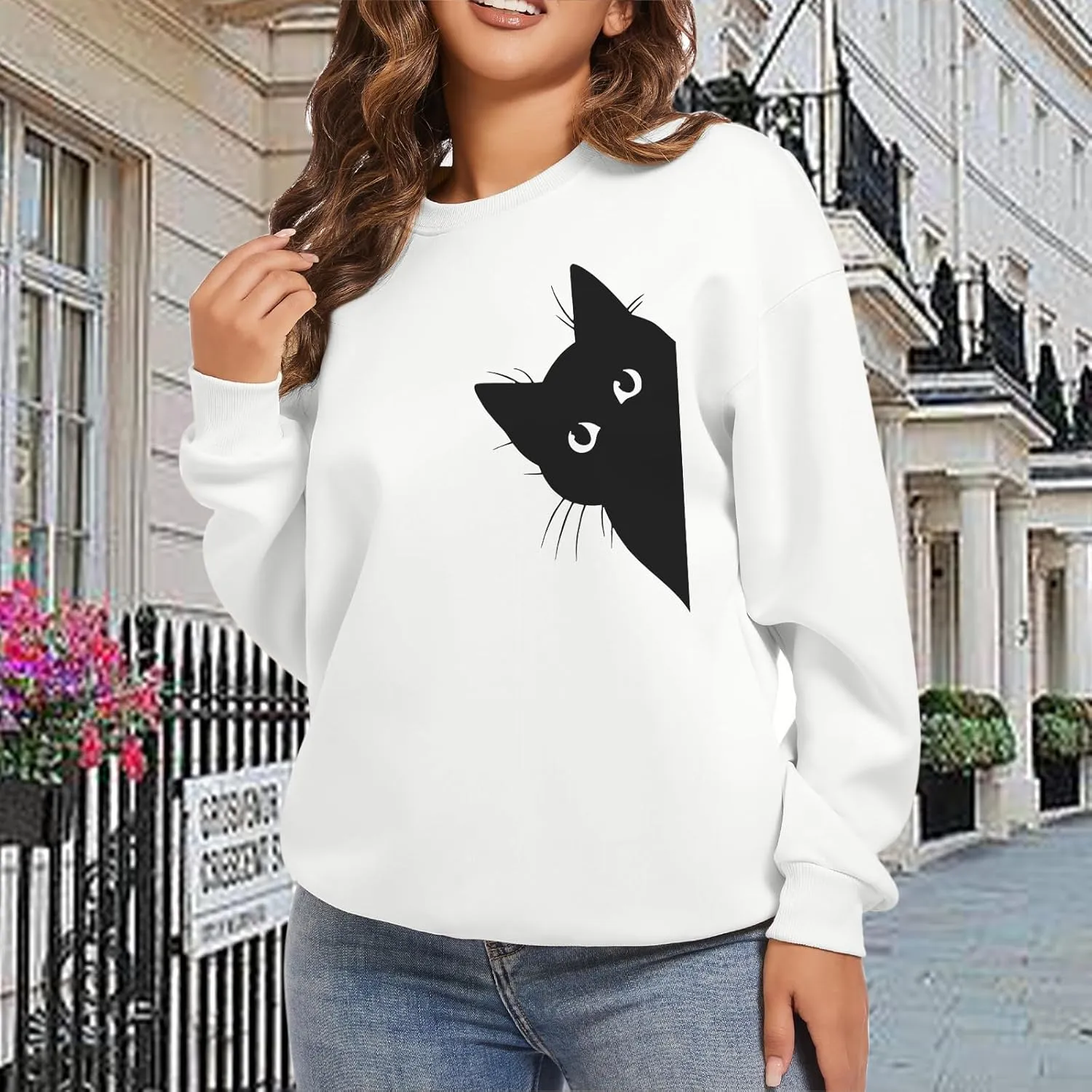 Cat Sweatshirts for Women Graphic Print Sweatshirt Funny Long Sleeve Shirt Cute Pullover Lightweight Hoodie Tops