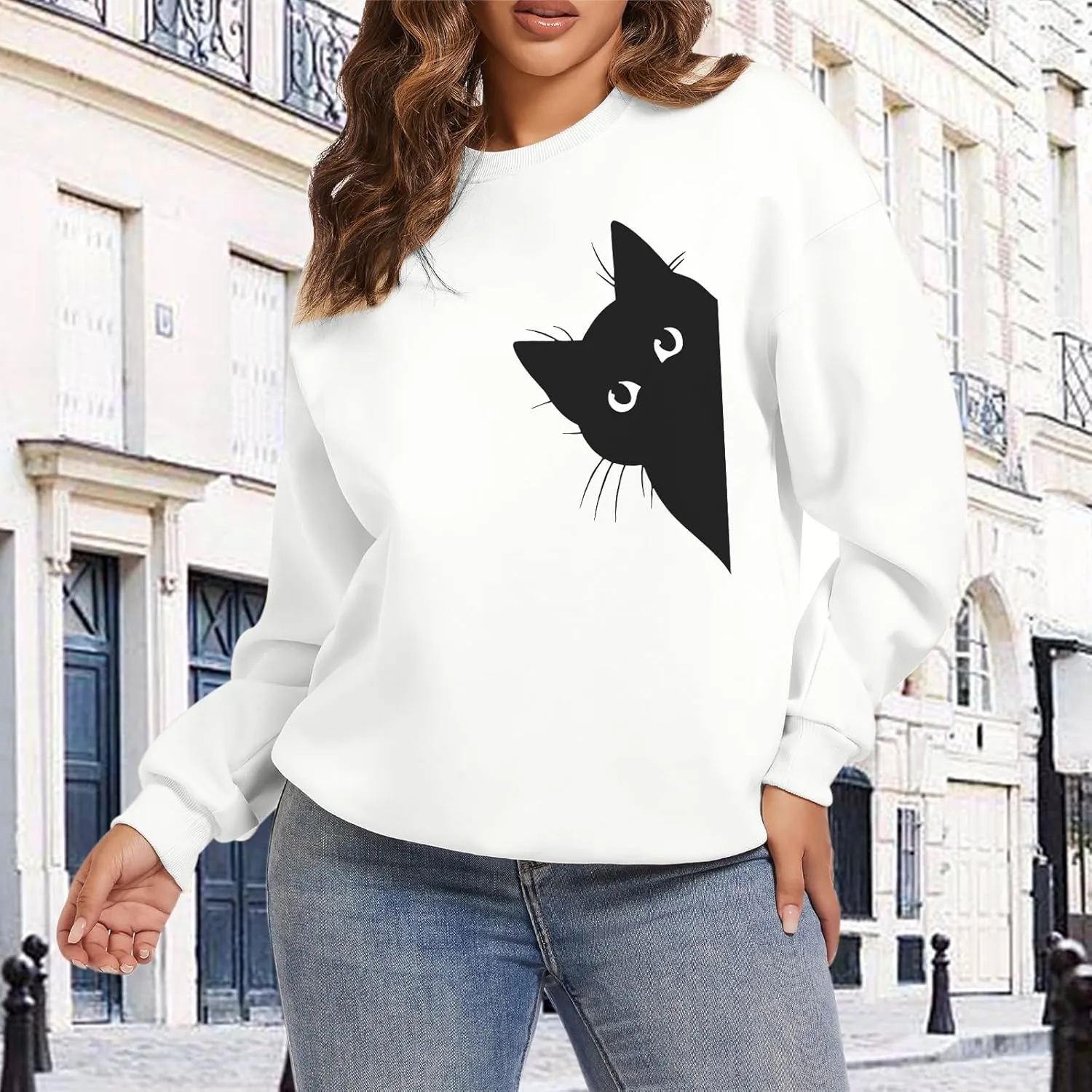 Cat Sweatshirts for Women Graphic Print Sweatshirt Funny Long Sleeve Shirt Cute Pullover Lightweight Hoodie Tops