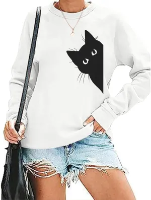 Cat Sweatshirts for Women Graphic Print Sweatshirt Funny Long Sleeve Shirt Cute Pullover Lightweight Hoodie Tops