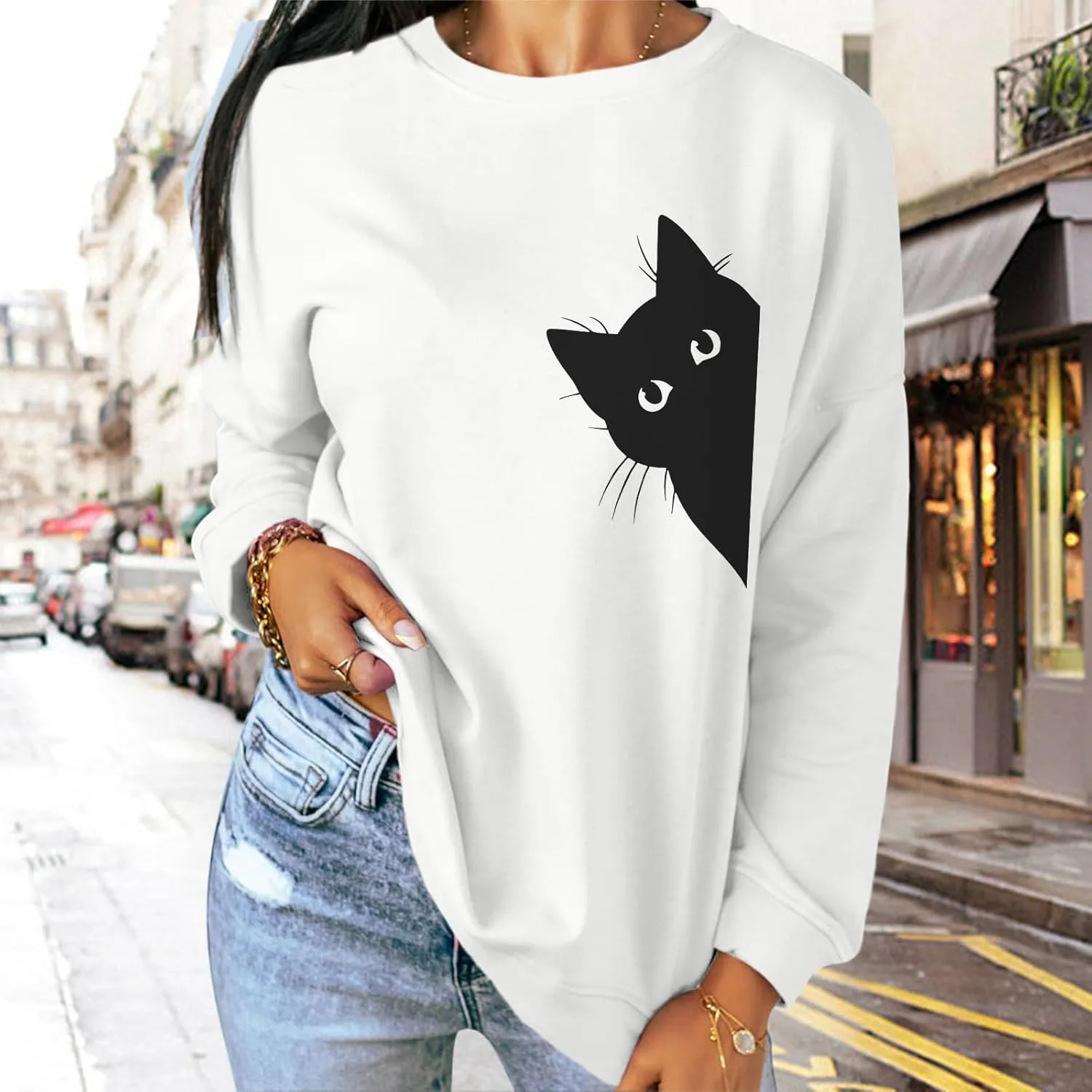 Cat Sweatshirts for Women Graphic Print Sweatshirt Funny Long Sleeve Shirt Cute Pullover Lightweight Hoodie Tops