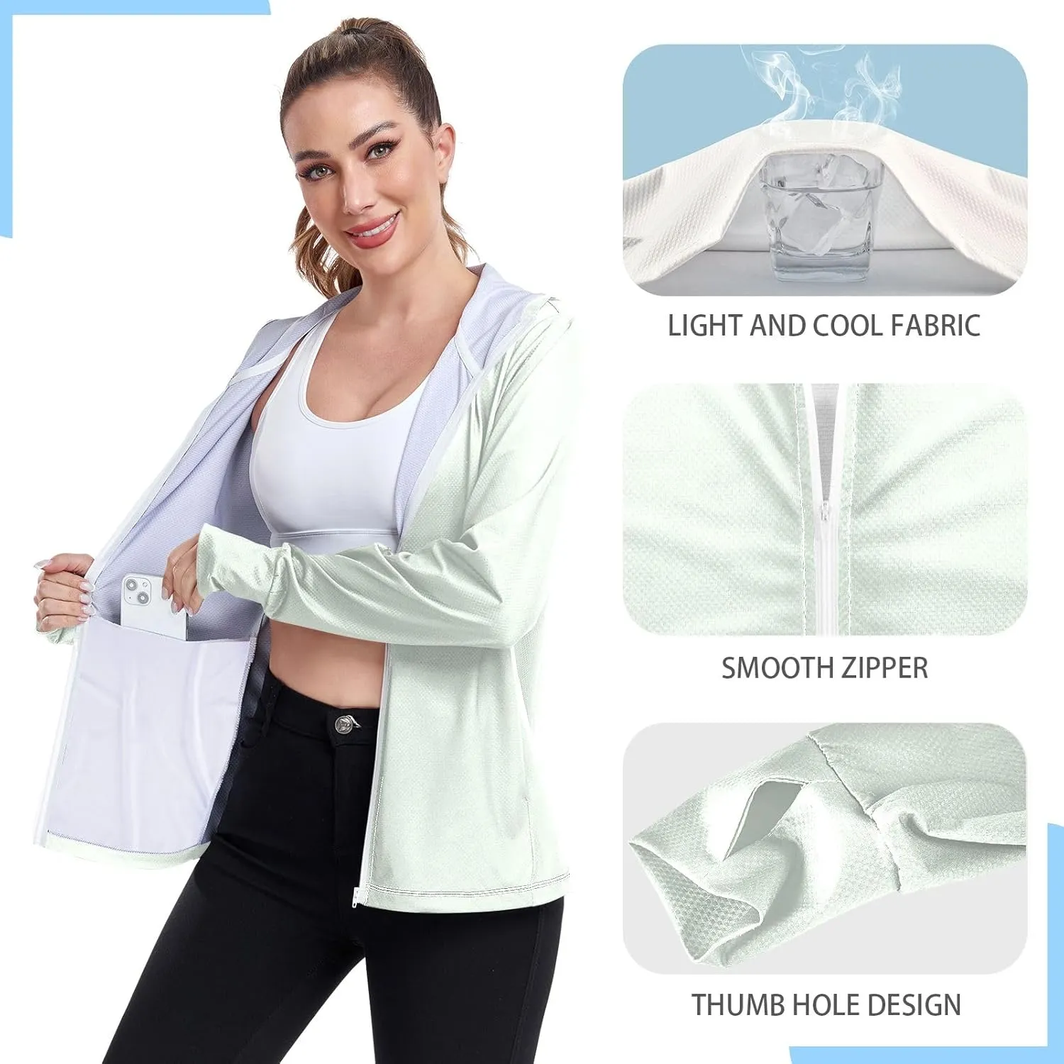 Celadon Womens Sun Protection Shirts Lightweight Long Sleeve Sun Shirt for Hiking Outdoor Women's Hoodie Zip Front Rash Guard