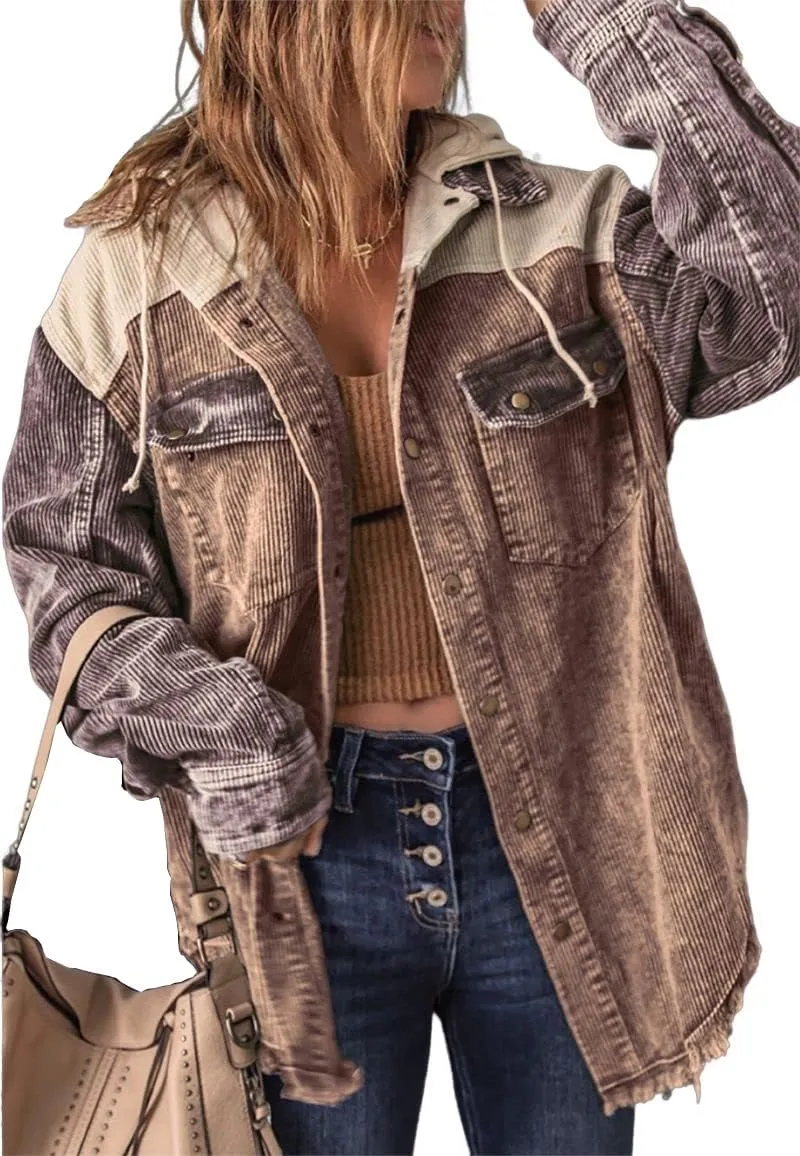 chouyatou Women's Casual Corduroy Open Front Hooded Color Block Shirts Shackets Jacket