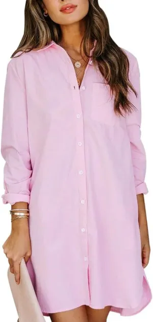 chouyatou Women's Casual Loose Fit Long Sleeve Solid Striped Button Down Shirts Dresses