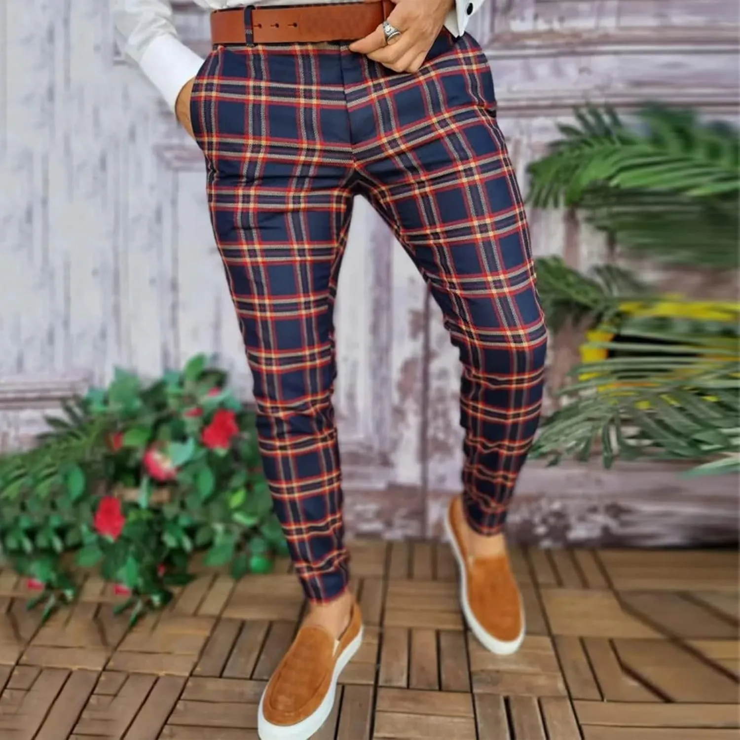 Color Block Pants for Men Comfy Plaid Cotton Stretch Shaping Flat Front Casual Slim Fit Business Dress Tapered Chinos Trouser