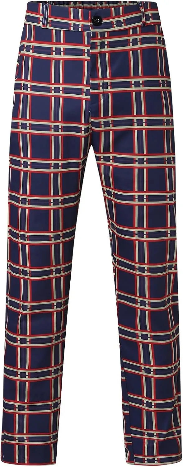 Color Block Pants for Men Comfy Plaid Cotton Stretch Shaping Flat Front Casual Slim Fit Business Dress Tapered Chinos Trouser