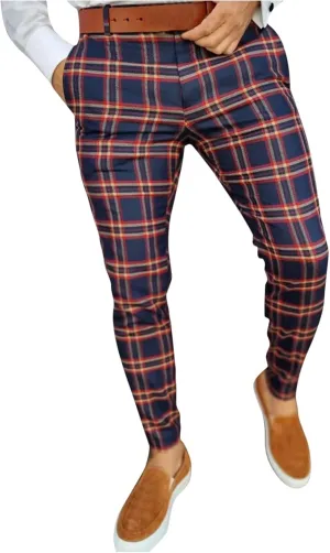 Color Block Pants for Men Comfy Plaid Cotton Stretch Shaping Flat Front Casual Slim Fit Business Dress Tapered Chinos Trouser