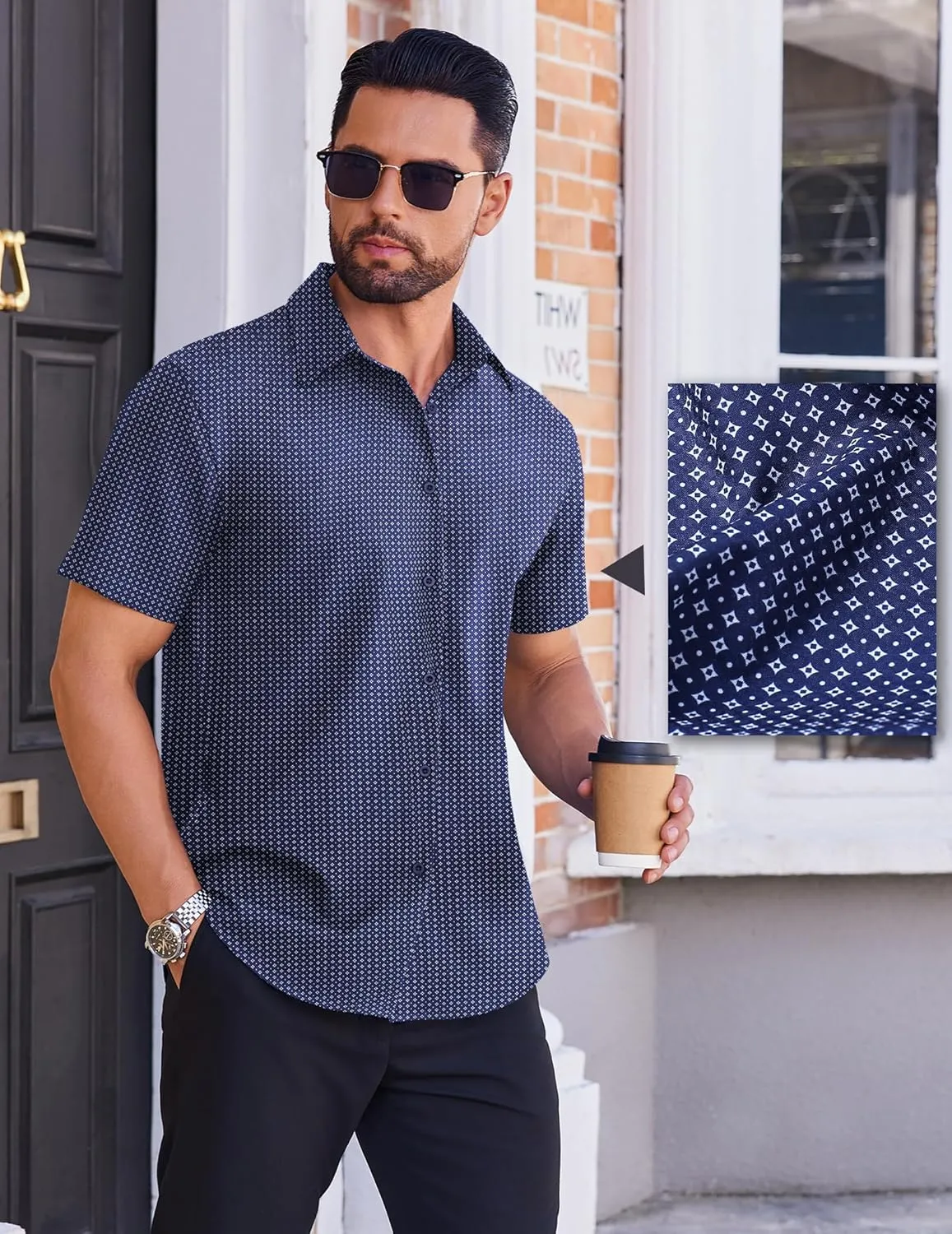 COOFANDY Mens Wrinkle Free Dress Shirt Polka Dot Short Sleeve Button Down Business Casual Shirts