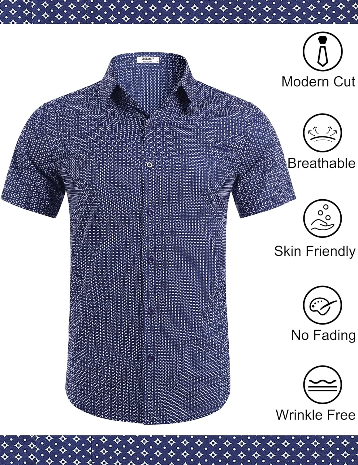 COOFANDY Mens Wrinkle Free Dress Shirt Polka Dot Short Sleeve Button Down Business Casual Shirts