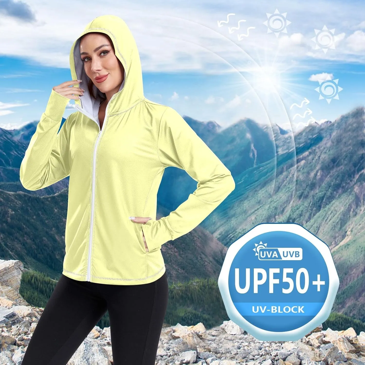 Cream Womens UPF Hoodie UPF 50  Sun Protection Jacket Hooded Women's Hoodie Zip Front Rash Guard