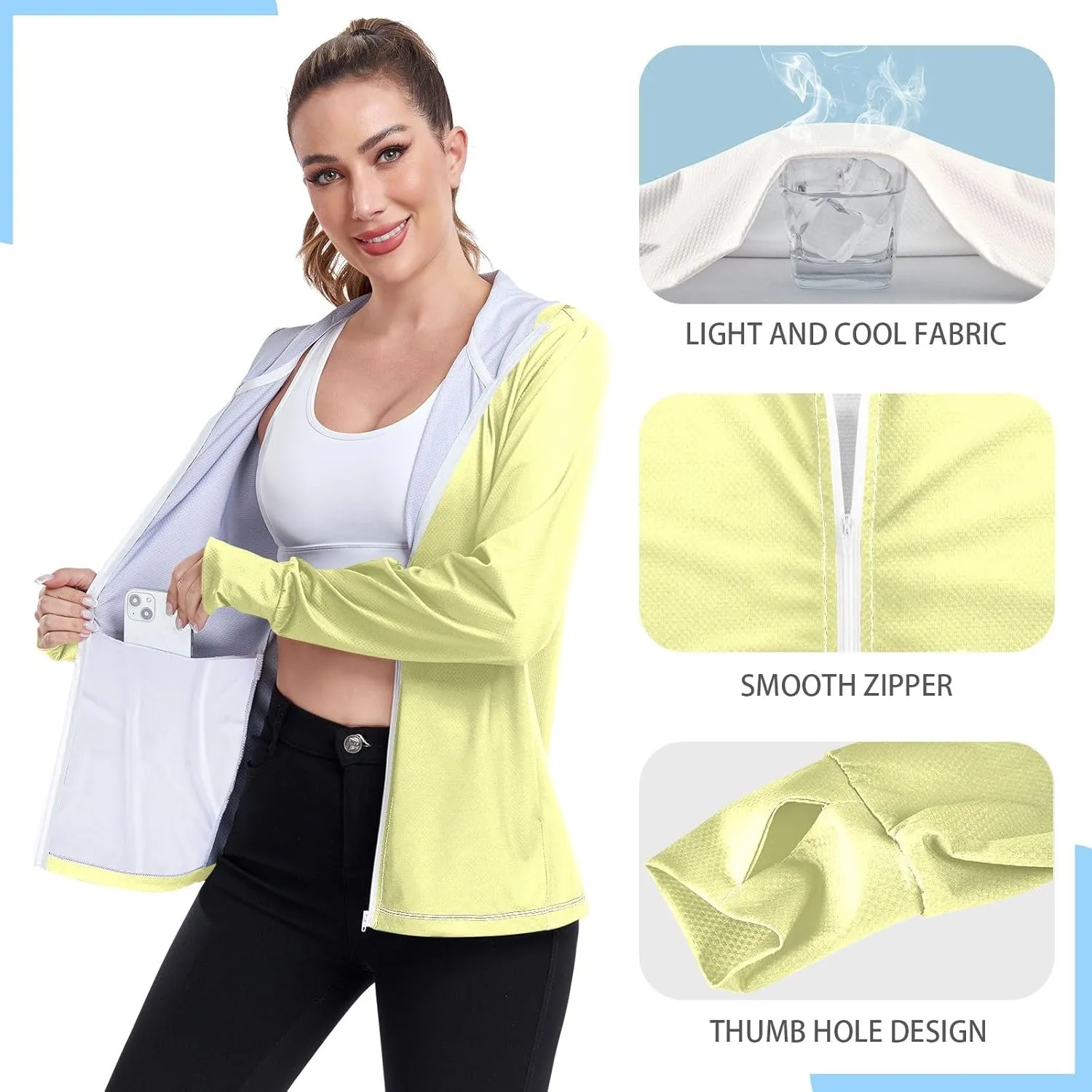 Cream Womens UPF Hoodie UPF 50  Sun Protection Jacket Hooded Women's Hoodie Zip Front Rash Guard