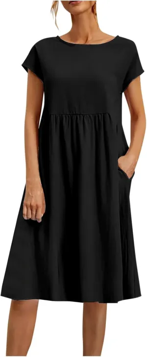Crew Neck Summer Dresses For Women 2025 Short Sleeve Loose Fit Tunic Beach Dresses Patchwork Solid Shirt Sundress