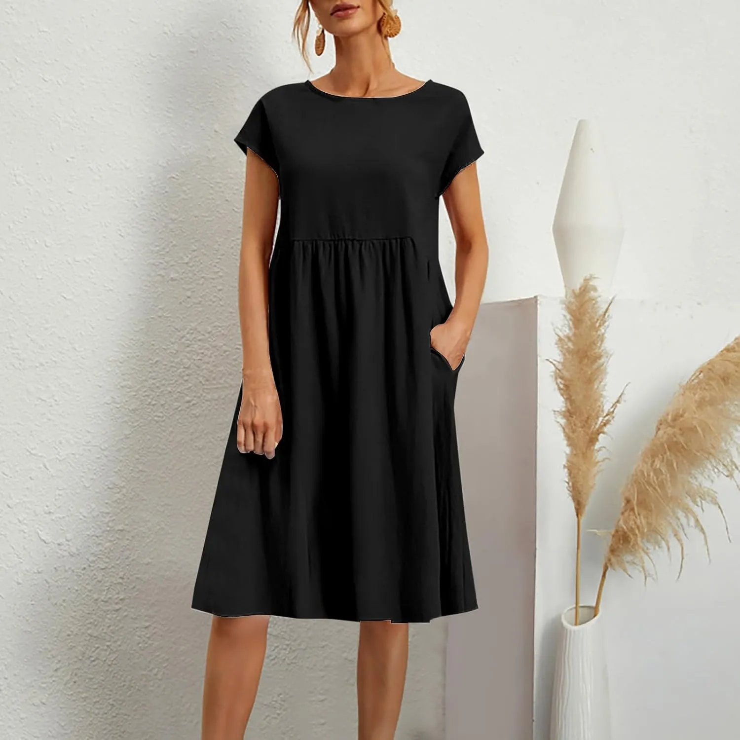 Crew Neck Summer Dresses For Women 2025 Short Sleeve Loose Fit Tunic Beach Dresses Patchwork Solid Shirt Sundress