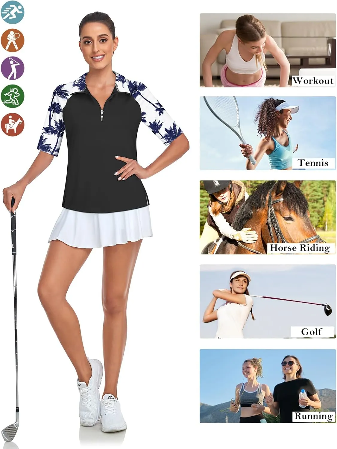 Cucuchy Womens Golf Shirt Half Sleeve Quarter Zip Polo Tennis Shirts Workout Tops