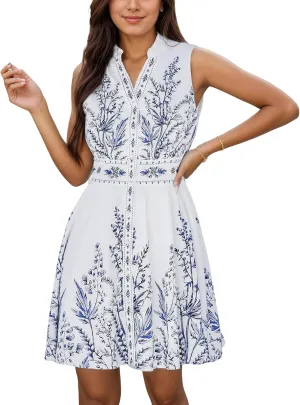 CUPSHE Womens Sleeveless V-Neck Floral Print Standing Collar Casual Mini Dress