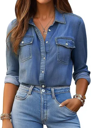 Denim Shirt Women Chambray Jean Western Shirts Long Sleeve Button Down Tops