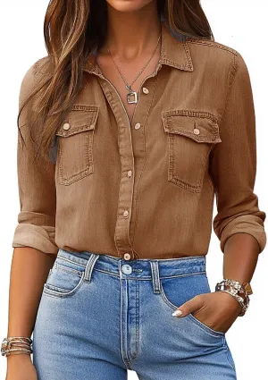 Denim Shirt Women Chambray Jean Western Shirts Long Sleeve Button Down Tops