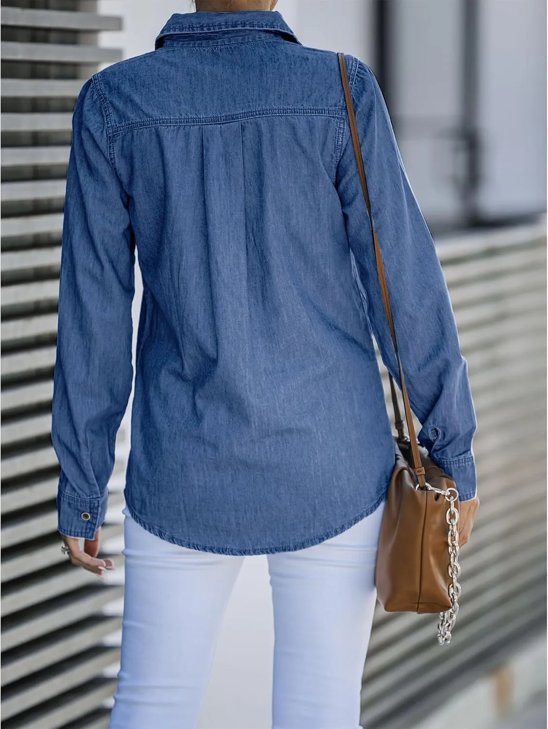 Denim Shirt Women Chambray Jean Western Shirts Long Sleeve Button Down Tops