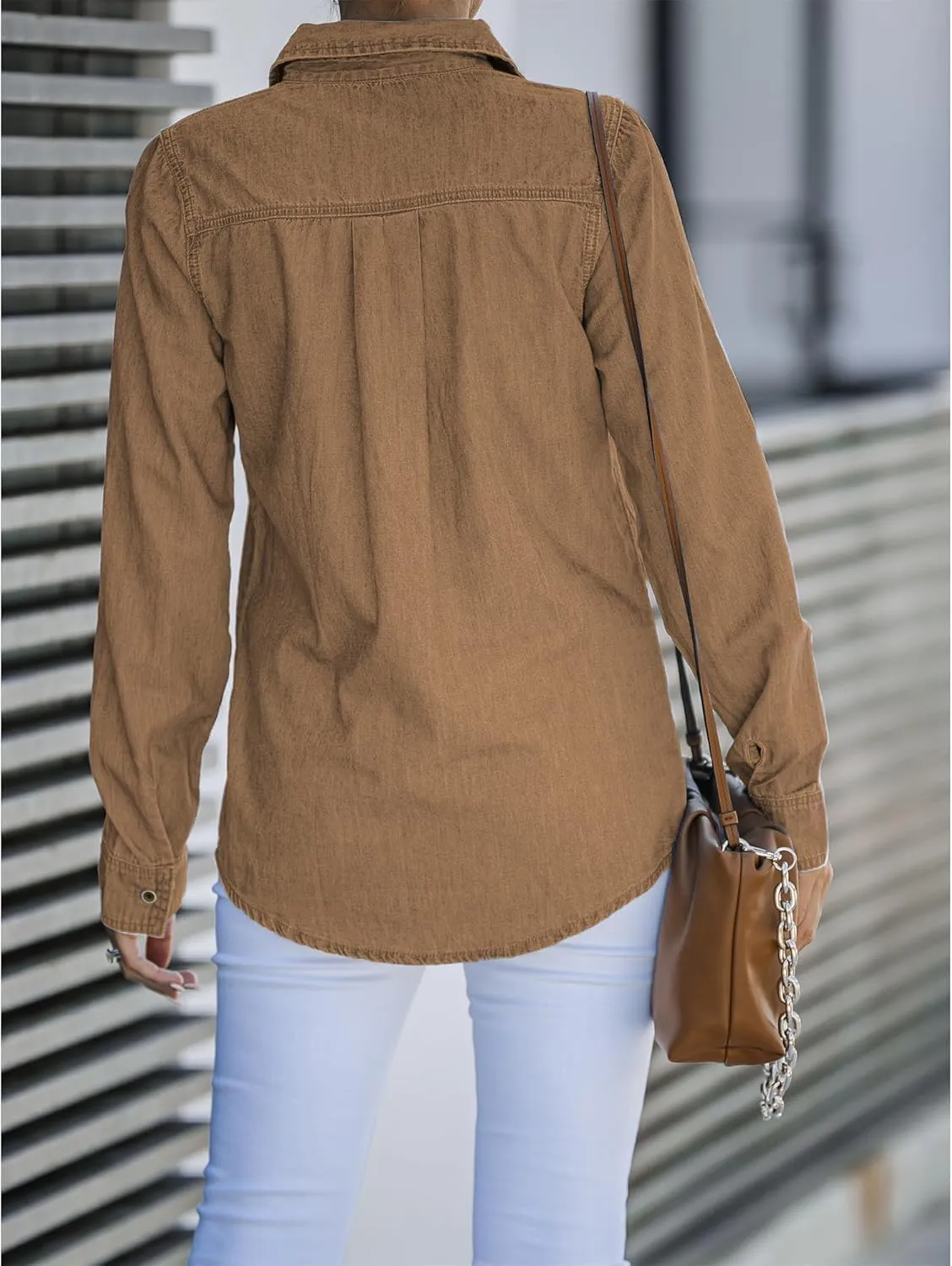 Denim Shirt Women Chambray Jean Western Shirts Long Sleeve Button Down Tops