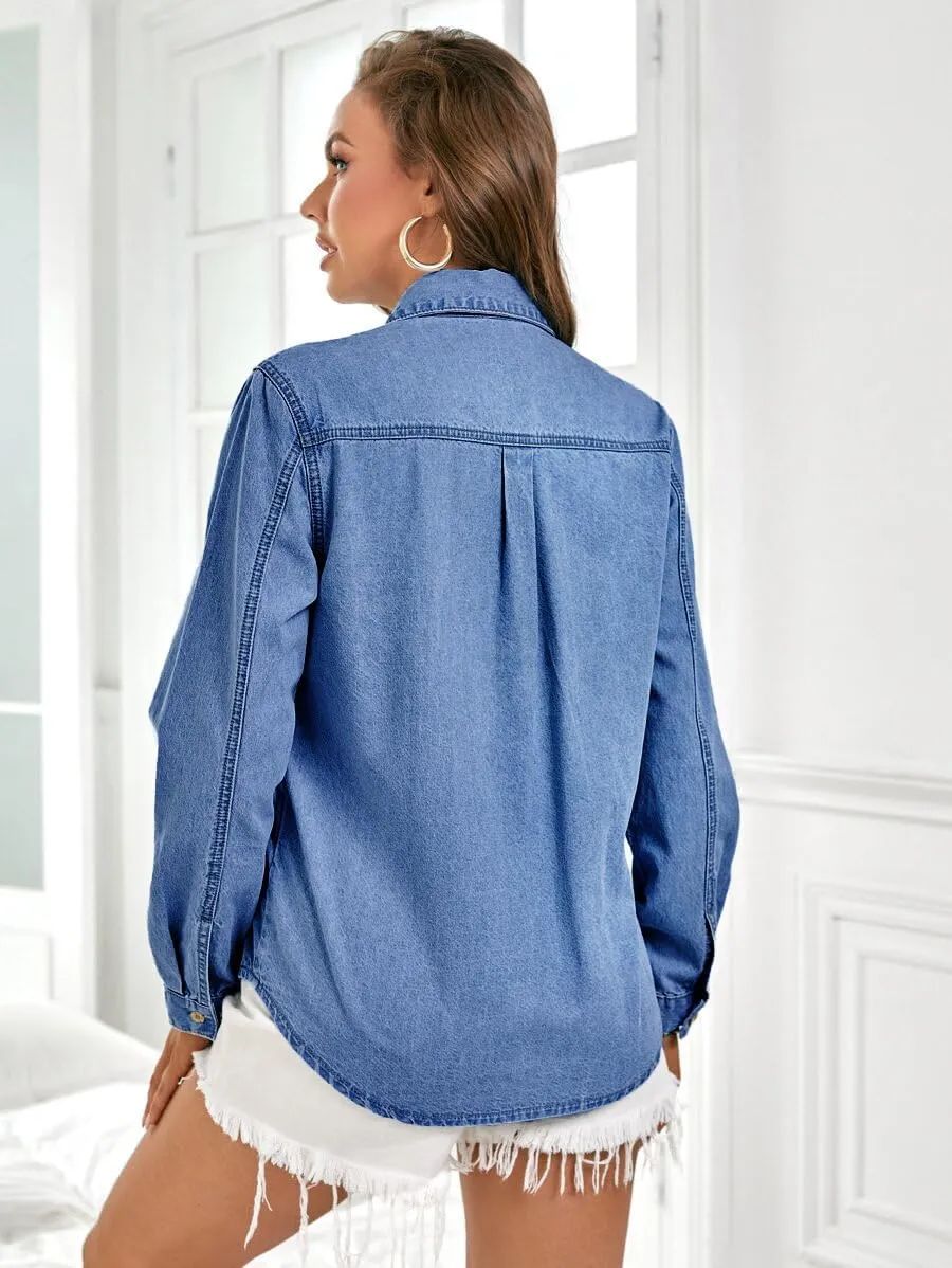 Denim Shirt Women Chambray Jean Western Shirts Long Sleeve Button Down Tops