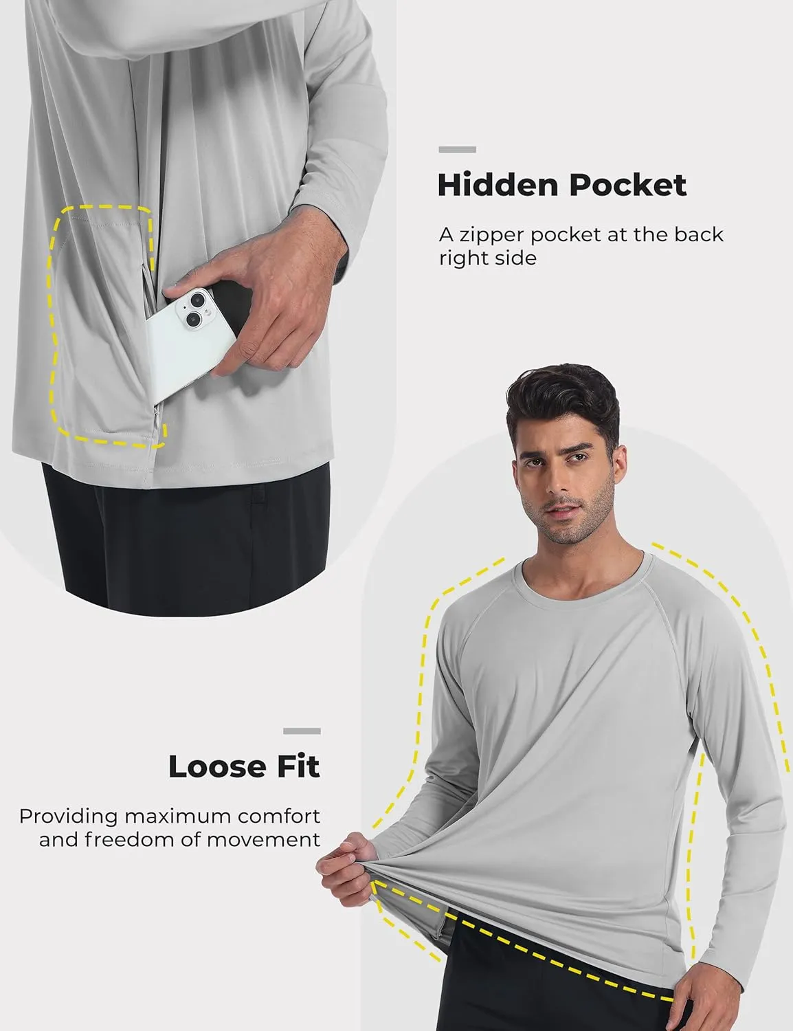 Desol UPF 50  Rash Guard for Men with Pocket Swim Shirts, Quick Dry Long Sleeve UV Protection Fishing Surfing Beach T-Shirt
