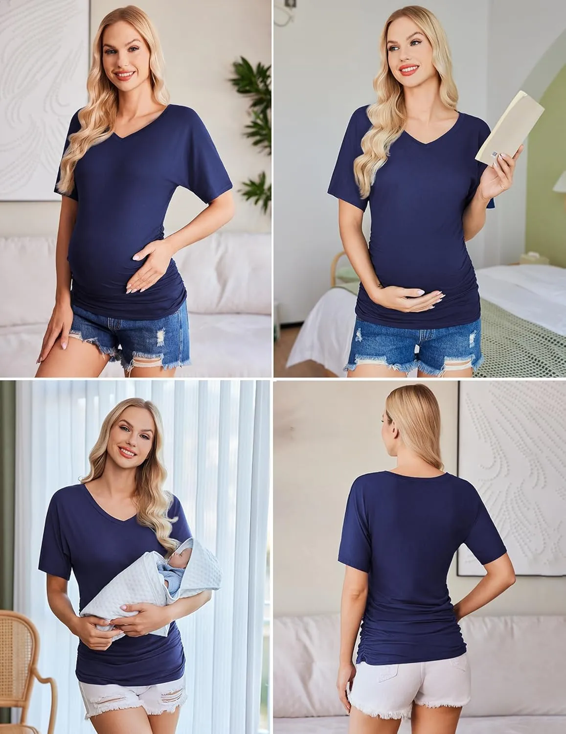 Ekouaer 3 Pack Maternity Shirts V Neck Dolman Sleeve Side Ruched Pregnancy Tops Tunic Blouse
