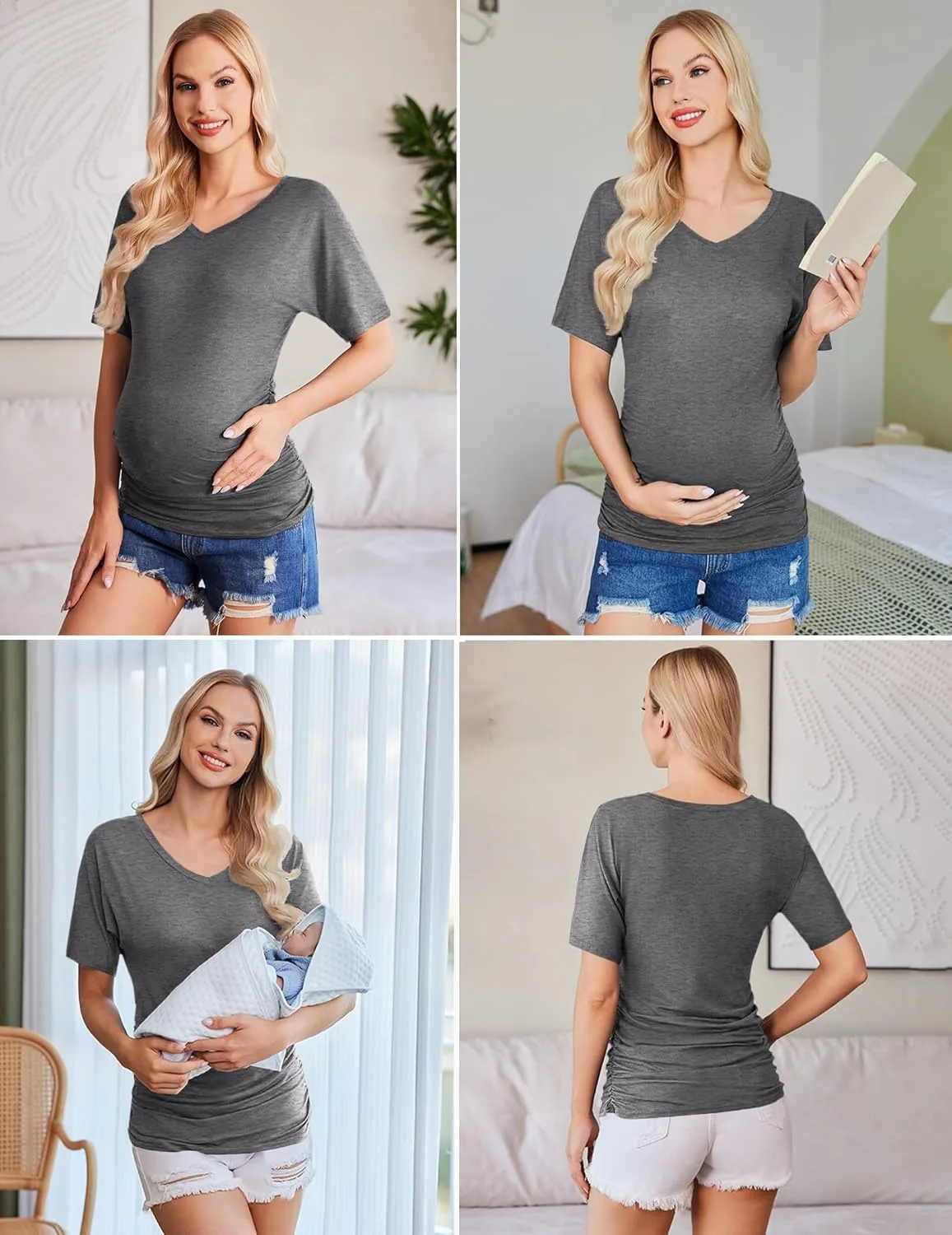 Ekouaer 3 Pack Maternity Shirts V Neck Dolman Sleeve Side Ruched Pregnancy Tops Tunic Blouse