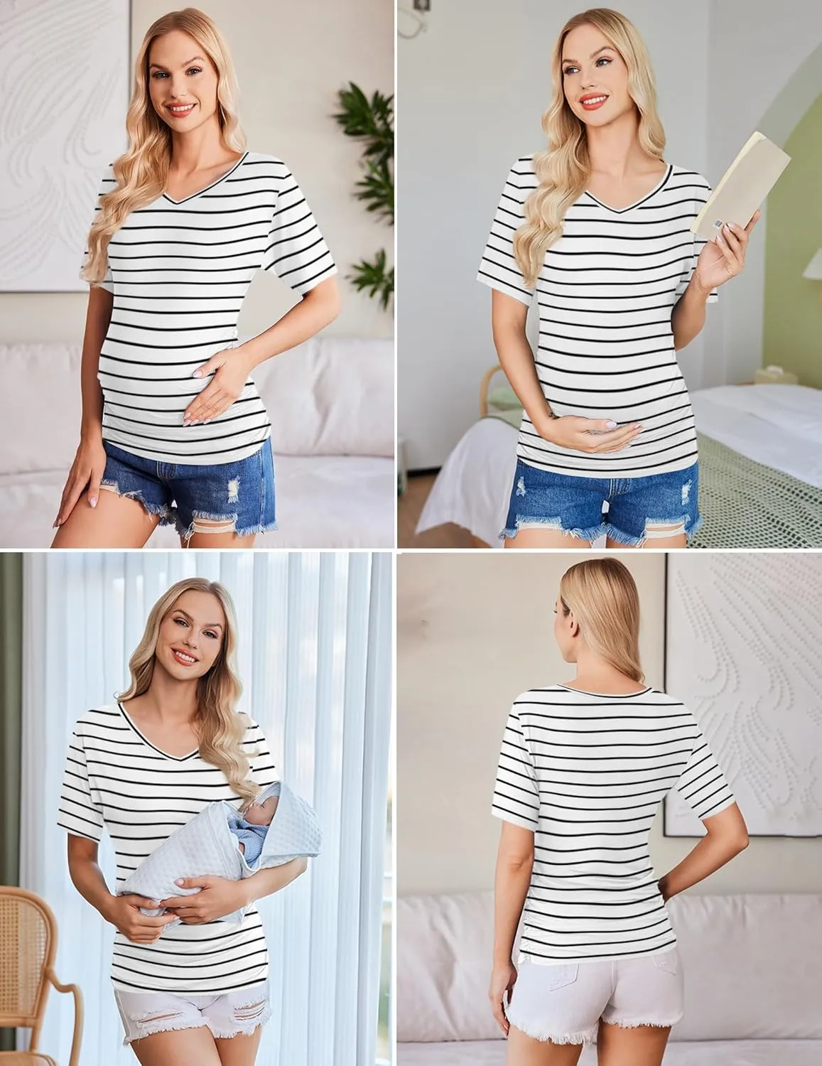 Ekouaer 3 Pack Maternity Shirts V Neck Dolman Sleeve Side Ruched Pregnancy Tops Tunic Blouse