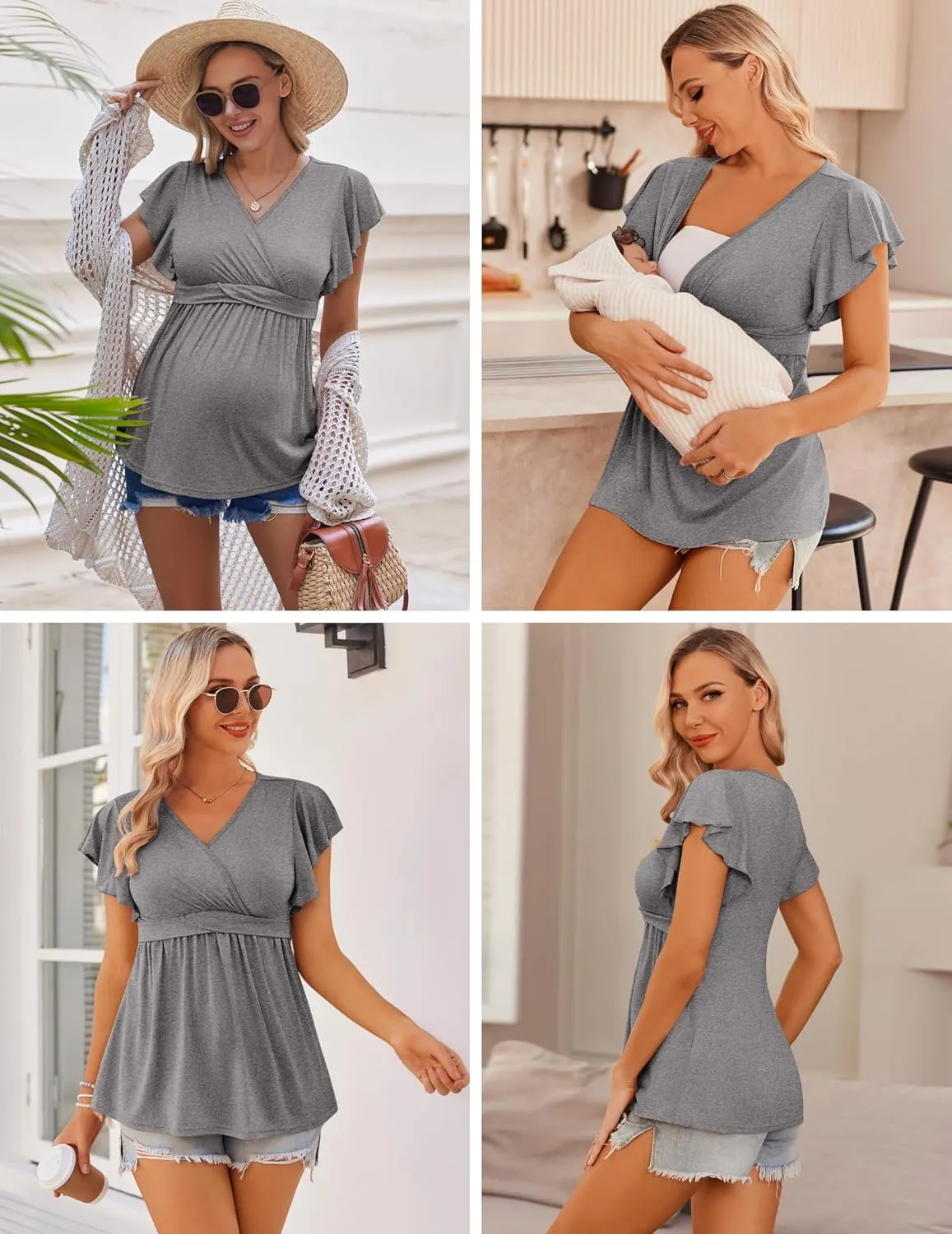 Ekouaer Maternity Shirts 3 Packs Flying Short Sleeve Nursing Tops Pregnancy Clothes