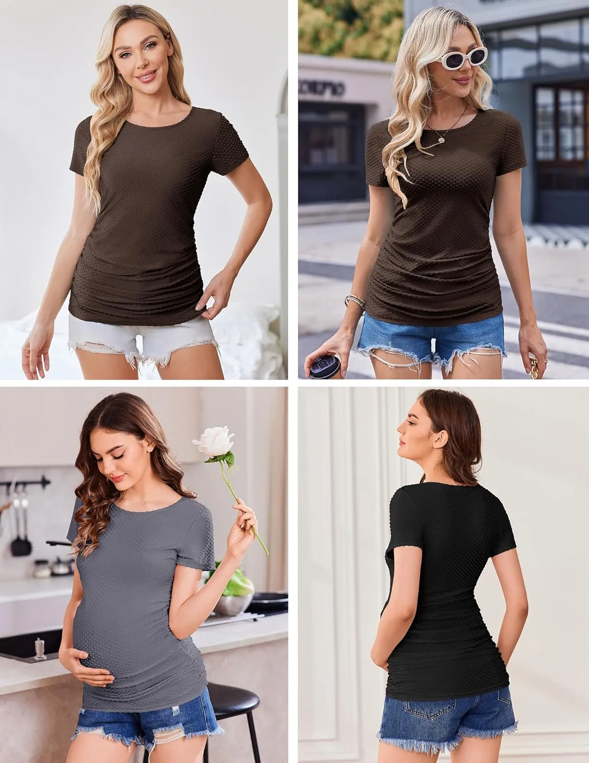 Ekouaer Womens Maternity Shirts 3 Packs Round Neck Short Sleeve Side Ruched Swiss Dot T Shirt Tops S-XXL