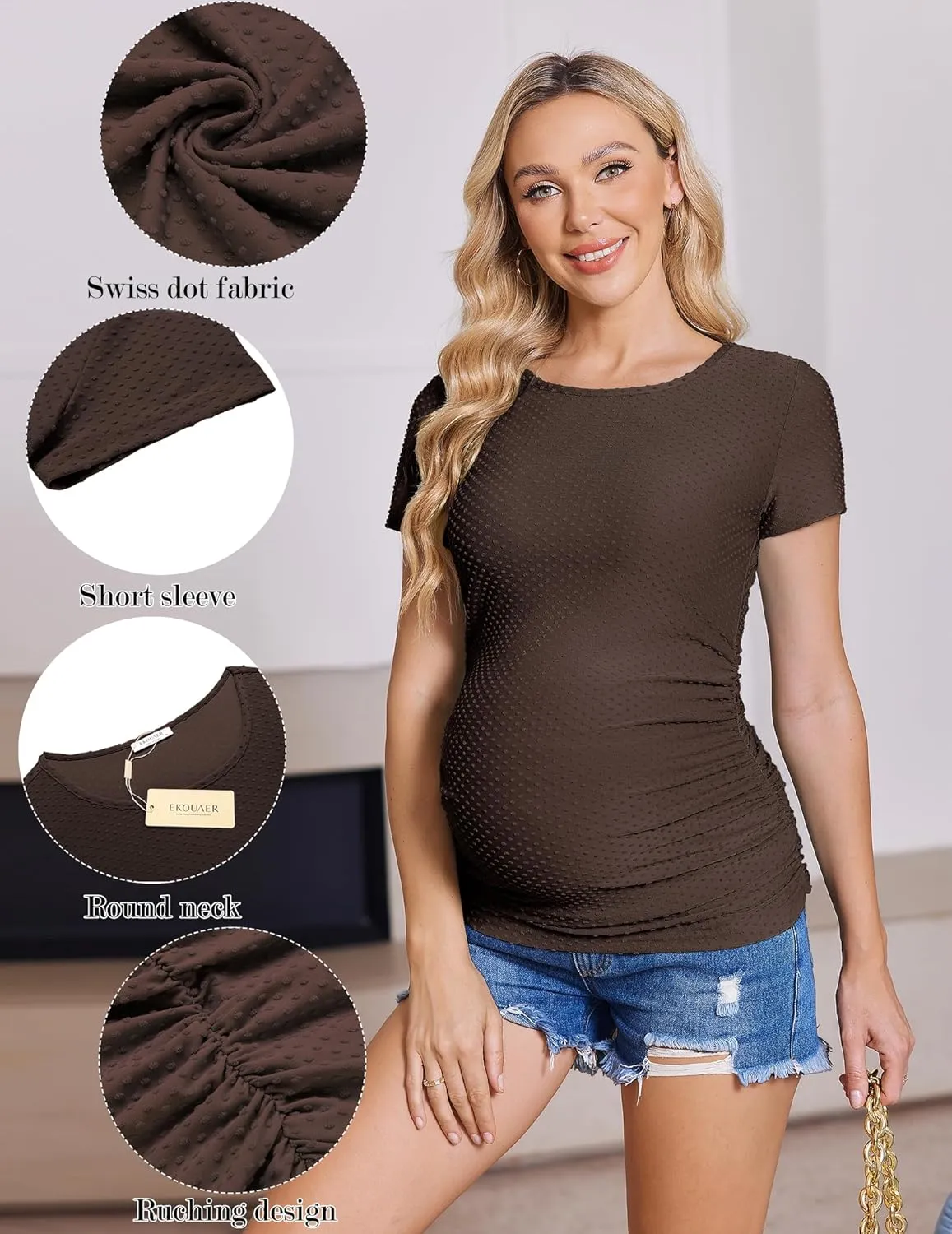 Ekouaer Womens Maternity Shirts 3 Packs Round Neck Short Sleeve Side Ruched Swiss Dot T Shirt Tops S-XXL