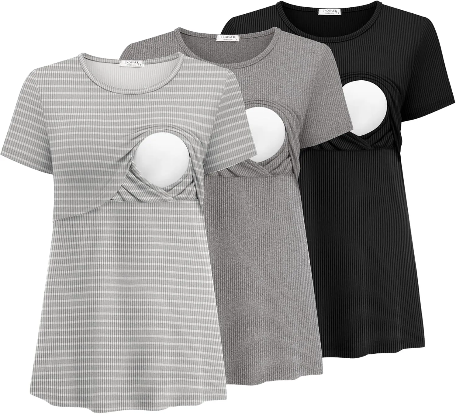 Ekouaer Womens Nursing Tops 3 Pack Short Sleeve Ribbed Breastfeeding Shirts Double Layer Maternity Shirt Pregnancy Clothes
