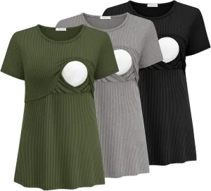 Ekouaer Womens Nursing Tops 3 Pack Short Sleeve Ribbed Breastfeeding Shirts Double Layer Maternity Shirt Pregnancy Clothes